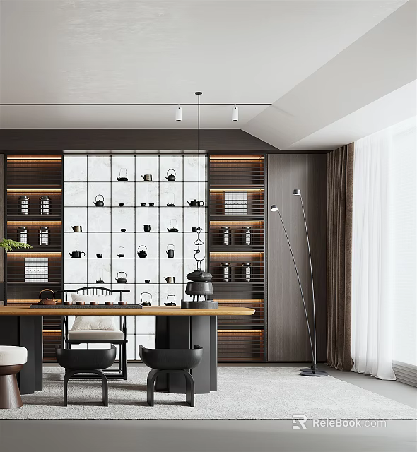 Modern Tea Room Interior Design With Wooden Shelves Glass Partition And Tea Sets 3d model 