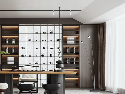 Modern Tea Room Interior Design With Wooden Shelves Glass Partition And Tea Sets 3d model
