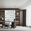 Modern Tea Room Interior Design With Wooden Shelves Glass Partition And Tea Sets