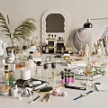 Elegant Perfume and Cosmetics Collection with Lipsticks Makeup Brushes and Decorative Tray