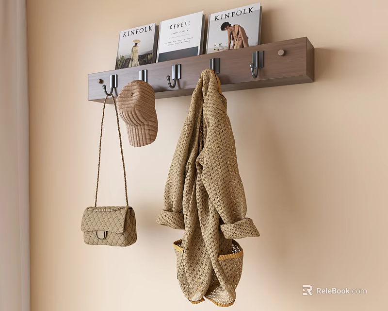 Wall Hook Rack with Hat Coat Bag and Books on Beige Wall 3d model 
