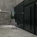 Modern Dessert Shop With Grey Doll Display Case Flower Bouquet Arched Window And Grey Wall
