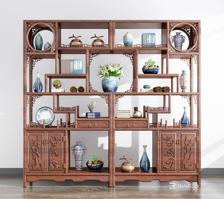 Chinese Traditional Wooden Carved Antique Shelf With Vases Porcelain Books And Decorative Ornaments 3d model 