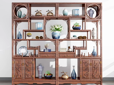 Chinese Traditional Wooden Carved Antique Shelf With Vases Porcelain Books And Decorative Ornaments 3d model