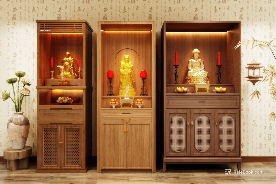 Wooden Buddhist Shrine Cabinets with Buddha Statues Candles Offerings and Decorative Doors 3d model 