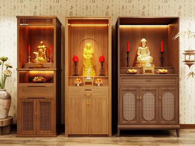 Wooden Buddhist Shrine Cabinets with Buddha Statues Candles Offerings and Decorative Doors 3d model