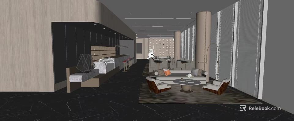 Modern Sales Office Interior Design With Spacious Lounge Sofas Round Tables Columns And Large Windows 3d model 