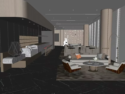Modern Sales Office Interior Design With Spacious Lounge Sofas Round Tables Columns And Large Windows 3d model