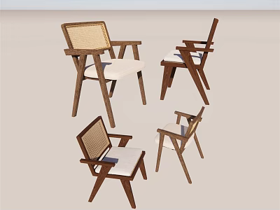 Modern Wooden Frame Dining Chairs With Woven Backrest And White Padded Seat 3d model