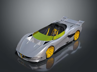Silver Convertible Sports Car With Yellow Wheels And Green Windshield Modern Sleek Body Design 3d model