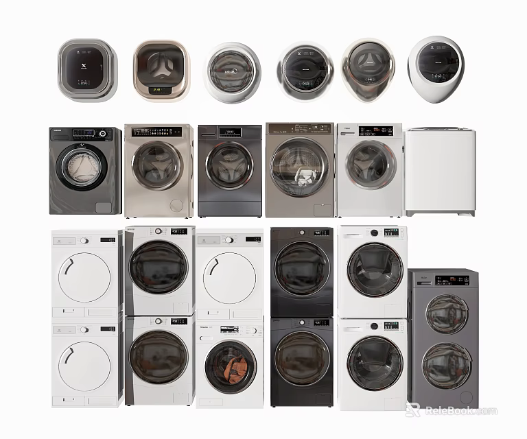 Modern Washing Machines with Front Load Top Load Designs and Different Colors 3d model