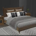 Double Bed with Wooden Headboard Nightstands Pillows and Green Plant in Bedroom Interior