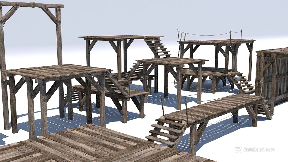 Wooden House Exterior With Multiple Platforms Stairs And Wooden Frames 3d model 