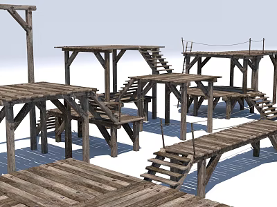 Wooden House Exterior With Multiple Platforms Stairs And Wooden Frames 3d model
