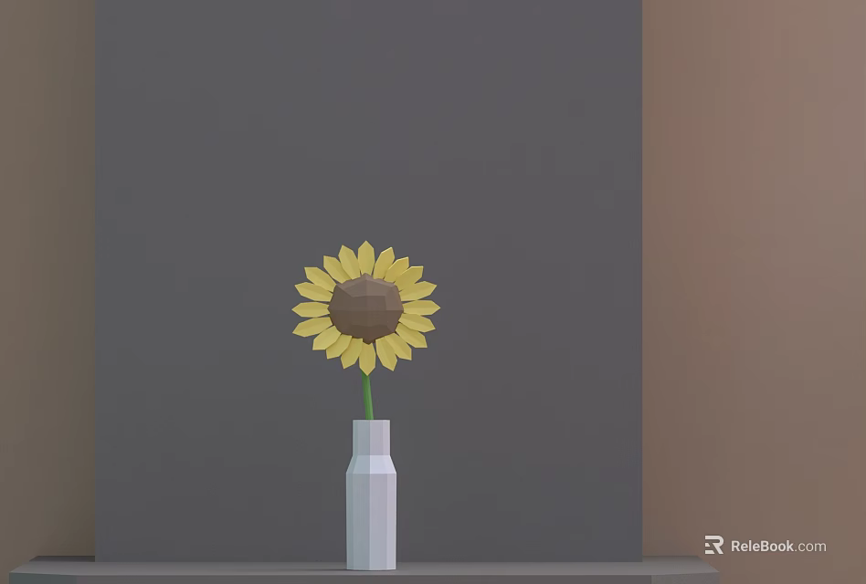 Sunflower in White Vase on Shelf with Gray and Brown Background Walls 3d model 