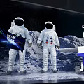 Two Astronauts Standing On Moon Surface With Blue Exploration Equipment And Space Background