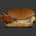 Hamburger With Sesame Seed Bun Fried Chicken Ham And Cheese On White Paper Dark Background