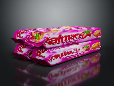 Kalmary Delicious Strawberry Flavored Snacks with Vibrant Pink Packaging Stacked 3d model