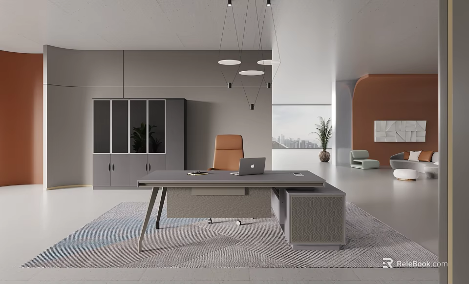 Modern Public Office Space Featuring Work Desk Office Chair Hanging Lamps Plants And Area Rug 3d model 