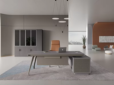 Modern Public Office Space Featuring Work Desk Office Chair Hanging Lamps Plants And Area Rug 3d model