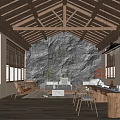 Chinese-style Living Room with Wooden Ceiling Stone Wall Wooden Furniture Sofa and Plants