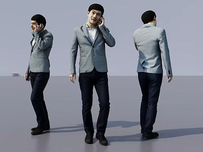 Man in Gray Blazer White Shirt and Dark Pants Talking on Phone from Three Angles 3d model