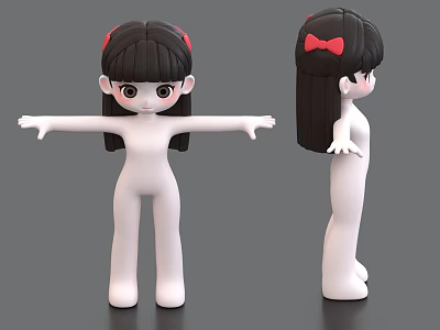 Cute Cartoon Girl 3D Model With Long Black Hair Red Bow And Outstretched Arms 3d model