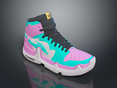 Color Blocked High Top Sneakers In Pink Turquoise Black With White Sole And Black Laces 3d model