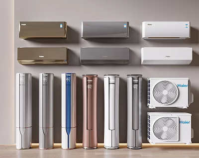 Modern Wall Mounted and Floor Standing Air Conditioners and Table Fans in Various Colors 3d model