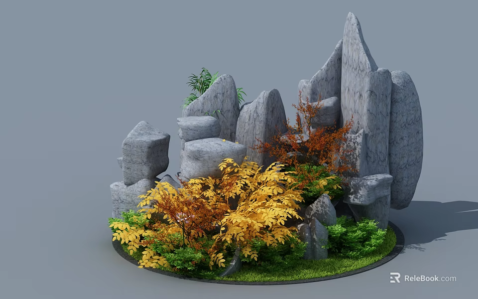 Garden Ornament with Rock Formations Yellow Orange Foliage and Green Plants on Circular Grassy Base 3d model 