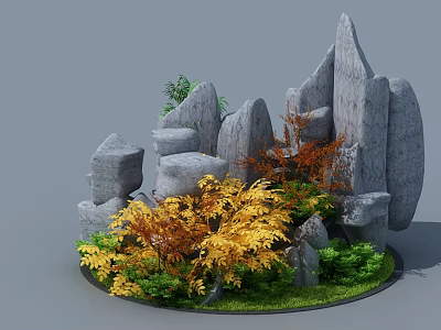 Garden Ornament with Rock Formations Yellow Orange Foliage and Green Plants on Circular Grassy Base 3d model
