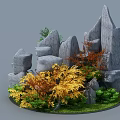 Garden Ornament with Rock Formations Yellow Orange Foliage and Green Plants on Circular Grassy Base