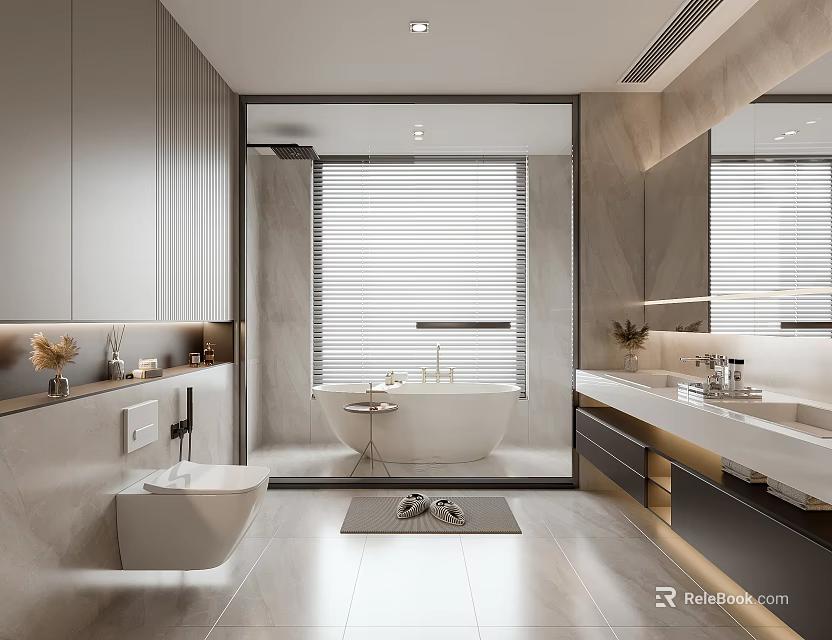 Modern Bathroom Interior Design With Bathtub Vanity Mirror Tiled Floor And Window Blinds 3d model 