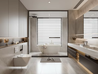 Modern Bathroom Interior Design With Bathtub Vanity Mirror Tiled Floor And Window Blinds 3d model