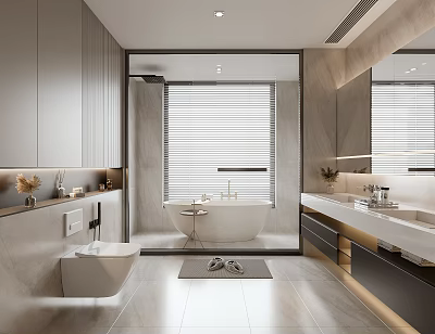 Modern Bathroom Interior Design With Bathtub Vanity Mirror Tiled Floor And Window Blinds 3d model
