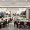 Elegant Modern Banquet Hall Interior With Crystal Chandeliers Dining Tables Green Plants And Large Windows