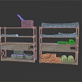 Two Metal Shelves With Wooden Boxes Scrolls Small Crates And Tool