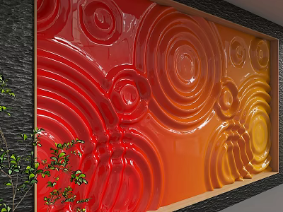 Red Orange Gradient Background Wall With Wave Spiral Pattern Black Frame And Green Plant 3d model