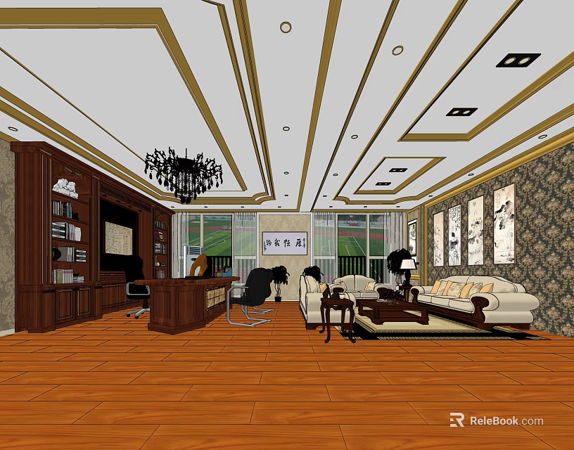 Elegant Office Interior With Wooden Bookshelves Chandelier Sofa Desk Large Windows And Decorative Paintings 3d model 