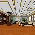 Elegant Office Interior With Wooden Bookshelves Chandelier Sofa Desk Large Windows And Decorative Paintings