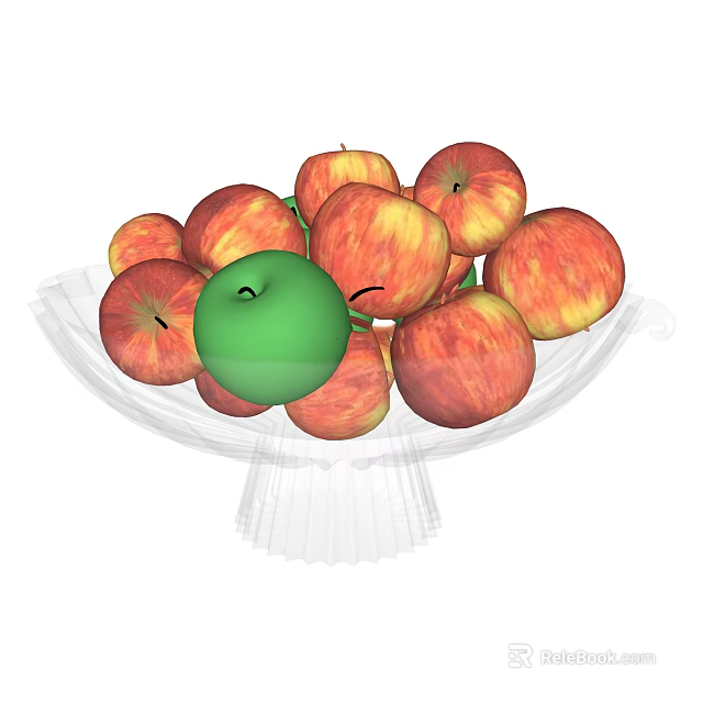 Fresh Red Yellow Apples with Green Apple in Center of Transparent Glass Fruit Bowl 3d model 
