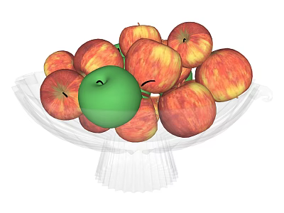 Fresh Red Yellow Apples with Green Apple in Center of Transparent Glass Fruit Bowl 3d model