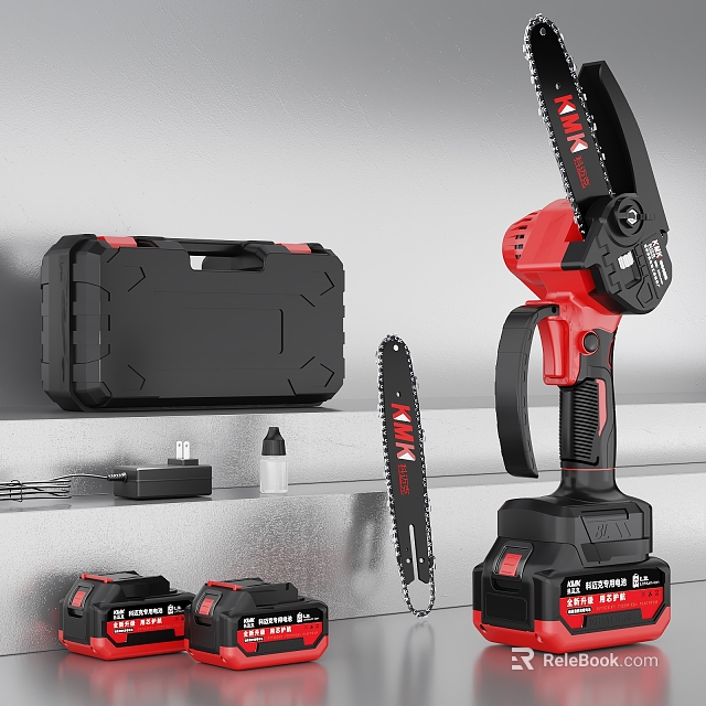 Professional Red Black Cordless Chainsaw With Black Tool Case And Rechargeable Batteries 3d model 