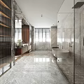 Modern Bathroom Interior With Marble Vanity Double Sinks Large Mirror And Wooden Frame