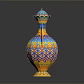 Ornate Carved Vase Sculpture Featuring Blue Orange Decorative Patterns Two Handles And Lid
