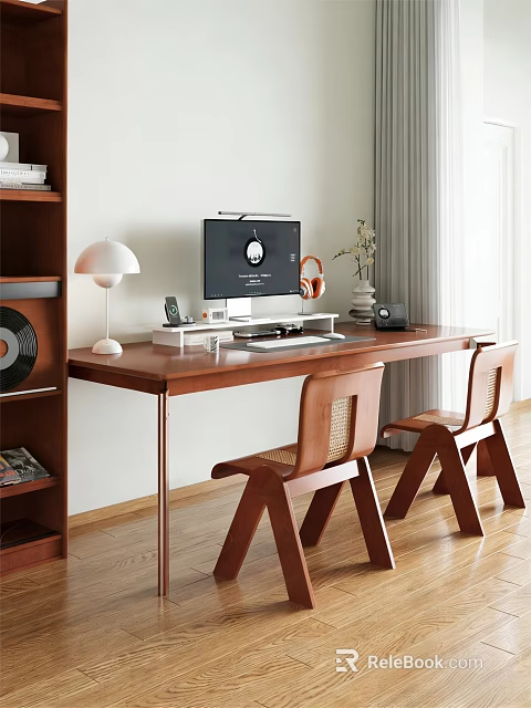 Modern Study Room Interior With Wooden Desk Computer Table Lamp Bookshelf And Chairs 3d model 