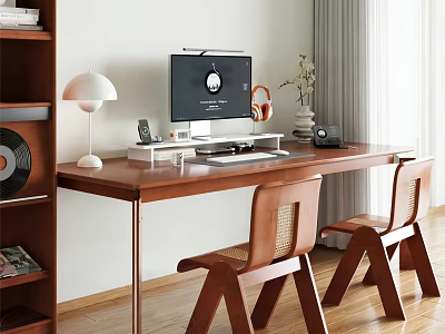 Modern Study Room Interior With Wooden Desk Computer Table Lamp Bookshelf And Chairs 3d model