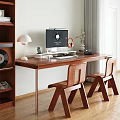 Modern Study Room Interior With Wooden Desk Computer Table Lamp Bookshelf And Chairs