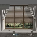 Light Gray Curtains And Wooden Blinds On Large Window With Green Trees View