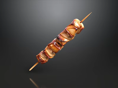 Delicious Juicy Grilled Meat Skewer With Charred Surface On Bamboo Stick 3d model